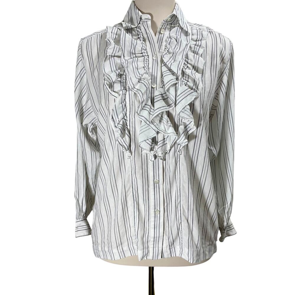 Vintage 90s Striped Ruffle Button-Up Blouse Size 2 / XS Liz Claiborne Petites